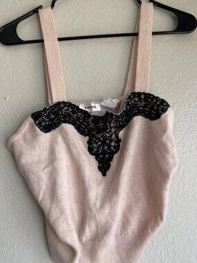 Cathay Pink Top black lace detail Adjustable Button Soft Wool Rabbit Hair Sz L